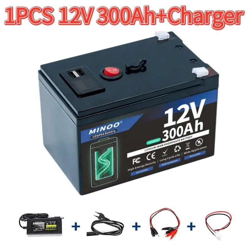 LiFePO4 12V 300AH 12V 200AH Battery Free Charger 12V Lithium Battery Built-In 300A BMS 6000+ Cycle For Solar RV Marine Energy