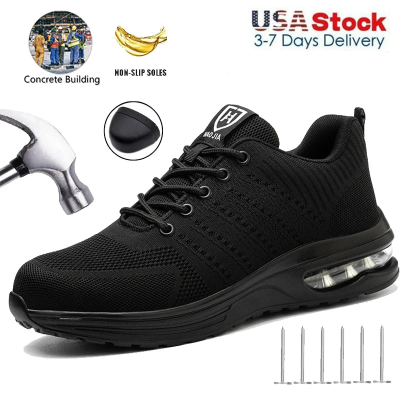 Men's Steel Toe Safety Sneakers Lightweight Puncture-Resistant Sole Anti-smash Industrial Protective Boots Breathable Sneakers