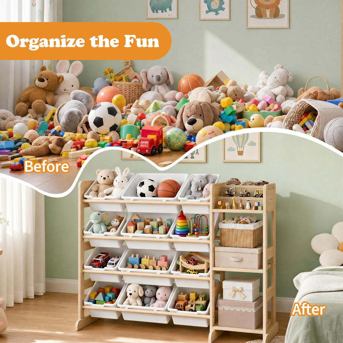 Solid Wood Kids Toy Memory Organizer Cabinet – 12 Bins & 3 Open Shelves – Wide Bookshelf Unit for Playroom, Nursery, Bedroom – 42" Wide