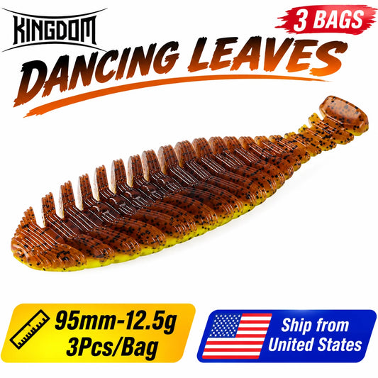 KINGDOM 3Bags Dancing Leaves Soft Plastic Fishing Lures, 95mm 12.5g Ribbed Swimbait Worm Baits 3PCS/Bag, Realistic Soft Bait with Natural Action for Bass Trout Freshwater Fishing