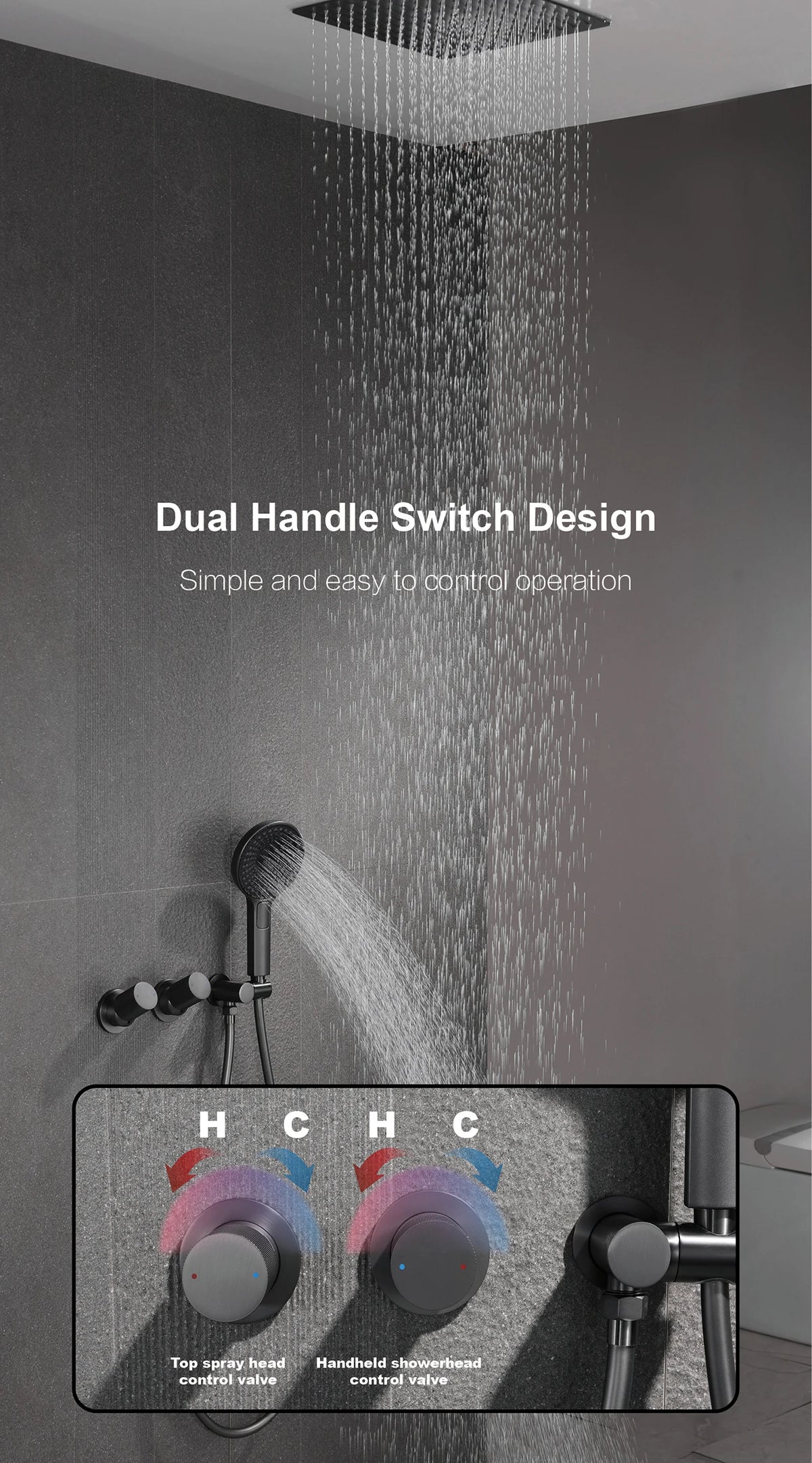 AITANA Minimalist Gun Grey Brass Ceiling Shower System Hidden Embedded Dual Handle Cold and Hot Water 2-Function Bathroom Mixer