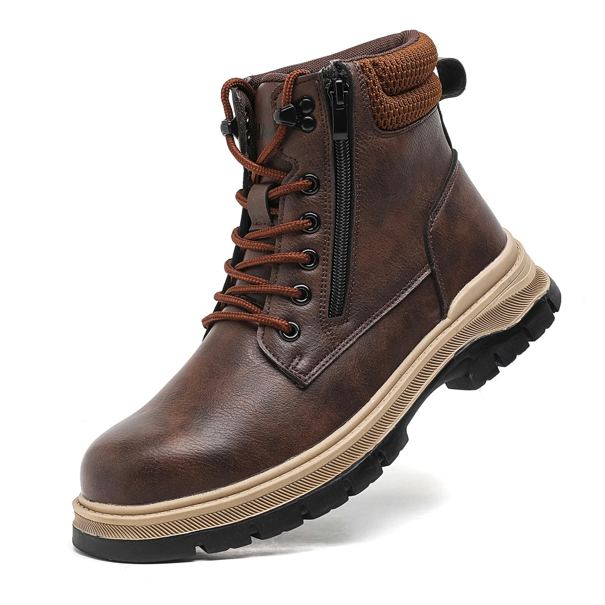Brown Leather Waterproof Work Shoes Steel Toe Men Work Safety Shoes Zipper's Construction Shoes Outdoor Work Footwear