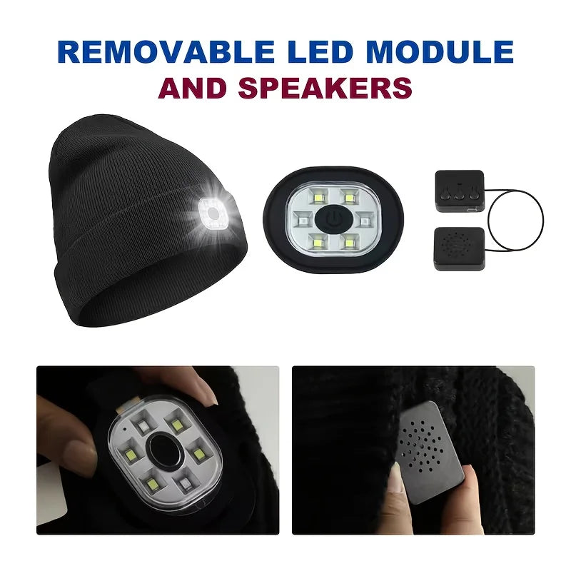 Unisex LED-Lit Knit Beanie USB-Rechargeable 4-Light LED Headlamp Winter Cap with Flashlight Function for Nighttime Activities like Walking Running Cycling Hiking Camping
