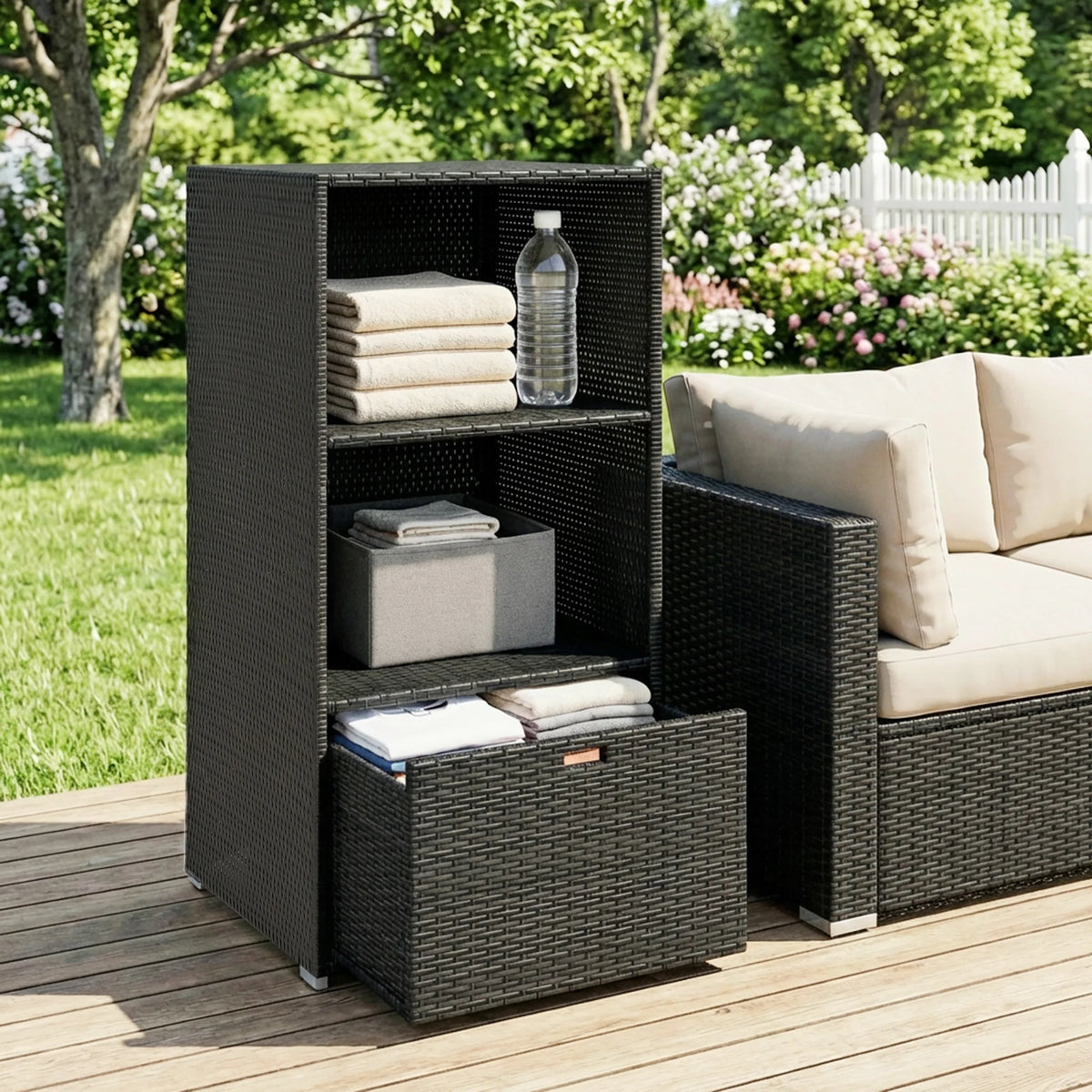 Outsunny PE Rattan Pool Towel Rack Basket with 2 Storage Shelves for Outdoor Garden Beach House