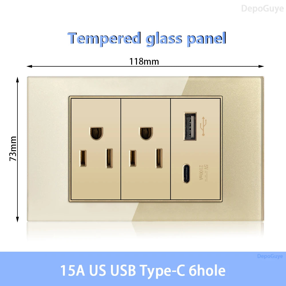 American Standard Dual Wall Usb Plug Socket, Household Mexico US Tempered Glass Light Switch Outlet Adapter Type-C Fast Charging