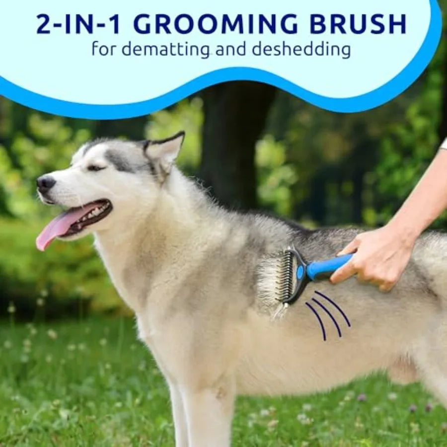 Deshedding dog brush for indoor cats and dogs double-sided, skin-friendly tool in gray, stainless steel and silicone, gentle on