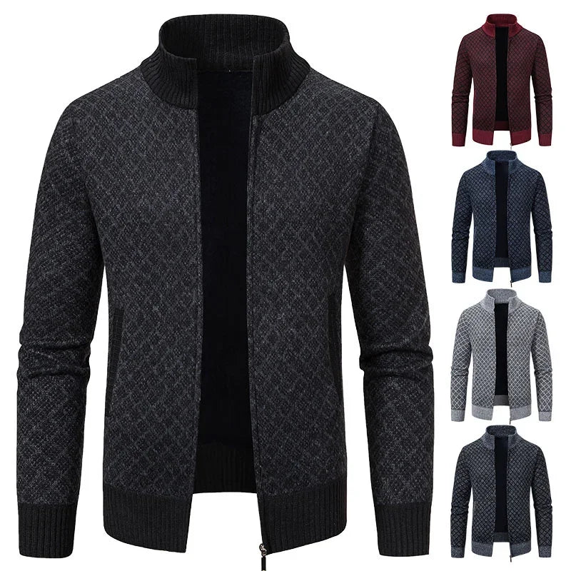 2026 Men's Casual High Collar Long Sleeve Knitted Top with Velvet Warmth for Autumn and Winter Fashion Multi Functional Jacket