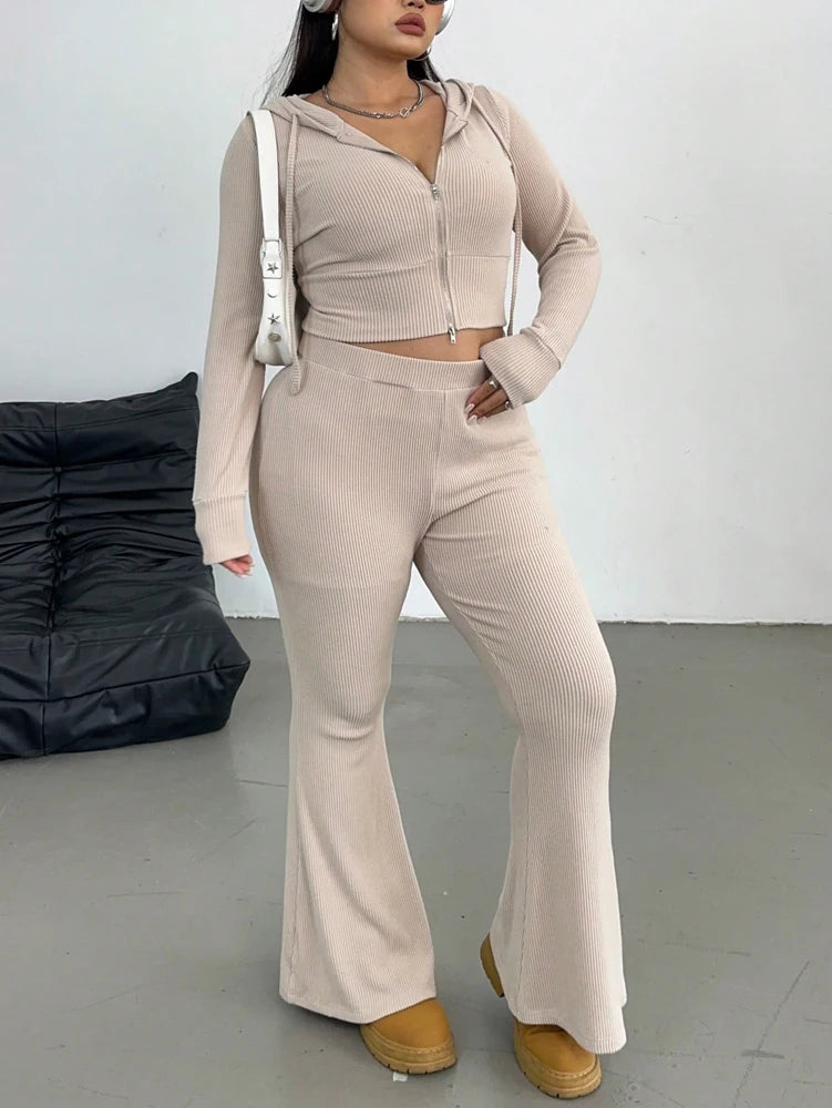 Plus Size Spring Simple Long Sleeve Hooded Top Slim Slim Micro Pants Casual Two Piece Set Casual Commuter