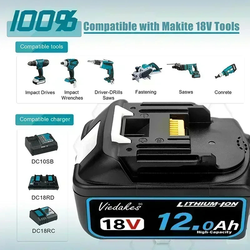 New 18V 12.0Ah Rechargeable Battery, for Makita Drill DGA404 DTW700 DHR202 DJV182 DDF487 Power Tool Battery, for Makita Battery