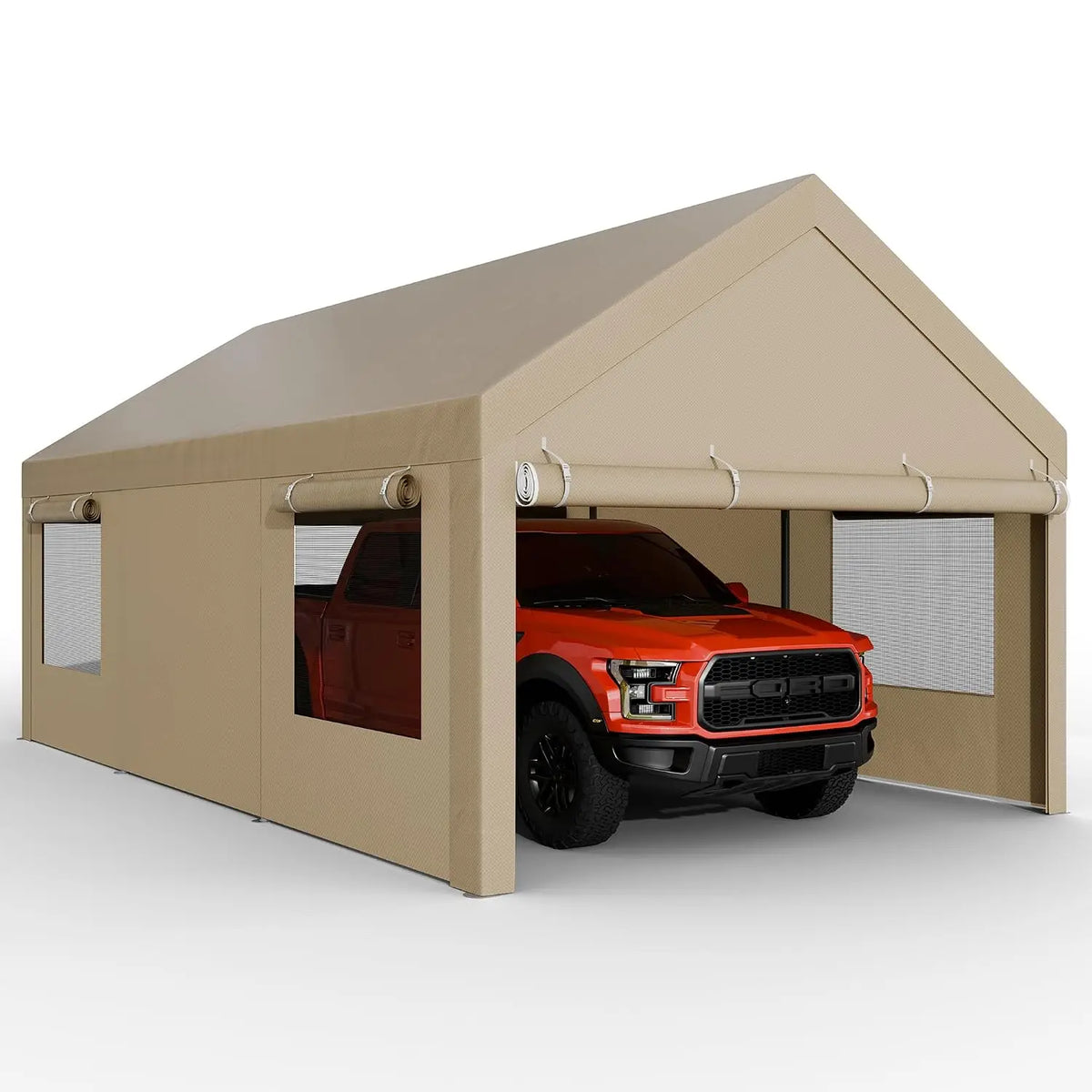 12x20 ft Heavy Duty Carport with Roll-up Windows, Portable Garage with Removable Sidewalls & Doors, Car, Customized