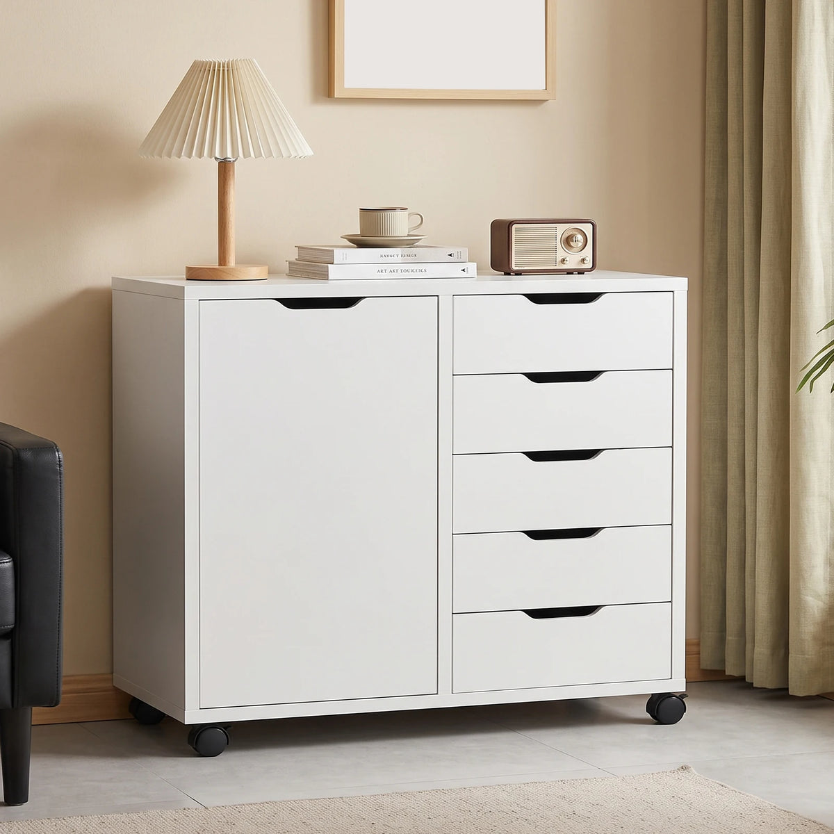 5 Drawer Wood Cabinet File Storage Cabinet with Adjustable Shelf Wheels Mobile Printer Stand for Home Office Study Room White