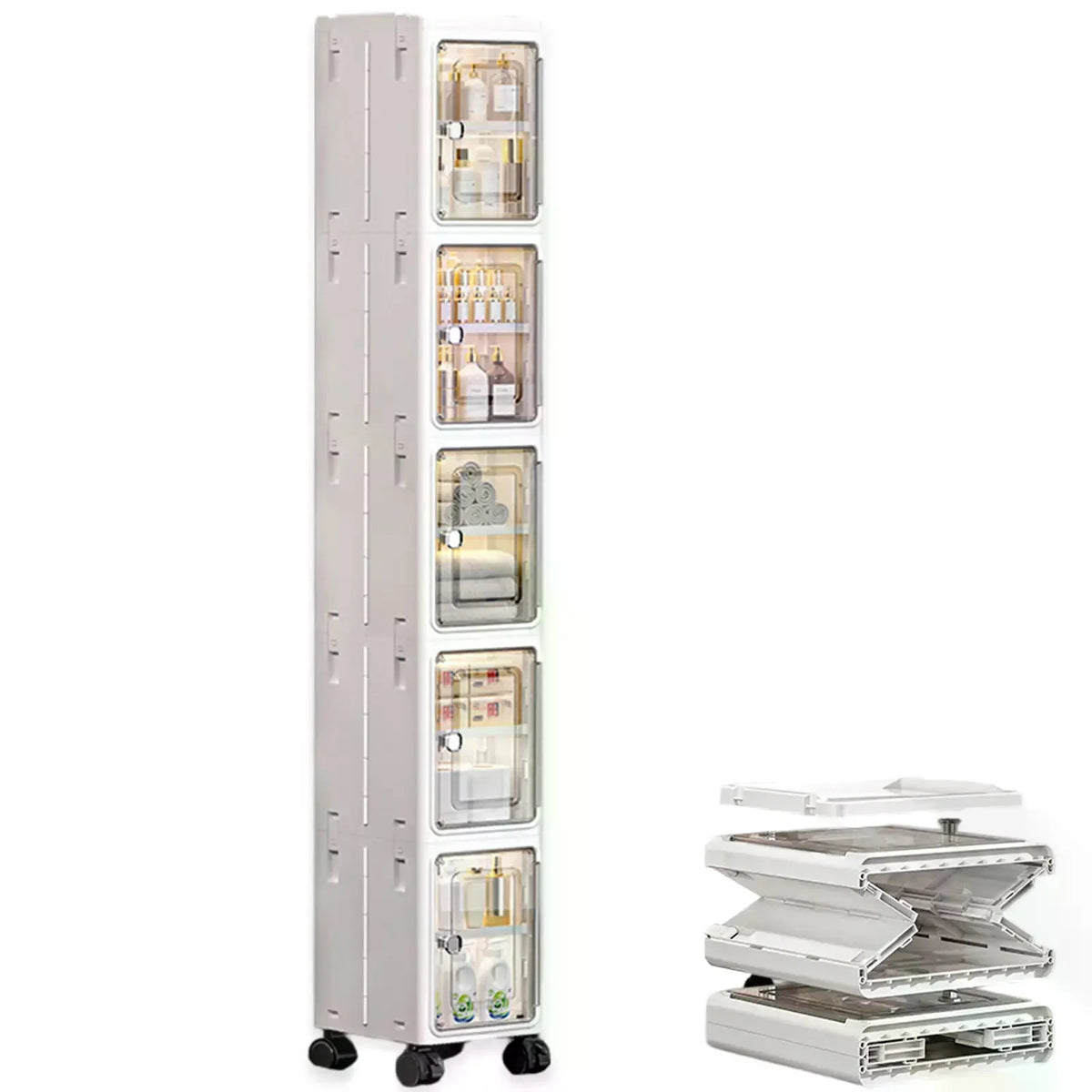 Nifogo Square Modern Collapsible 5-Tier Plastic Storage Bins with Lids - Stackable Organiser with Wheels, Clever Storage, Stacks to Save Room for Living Room, Office (157cm, White)