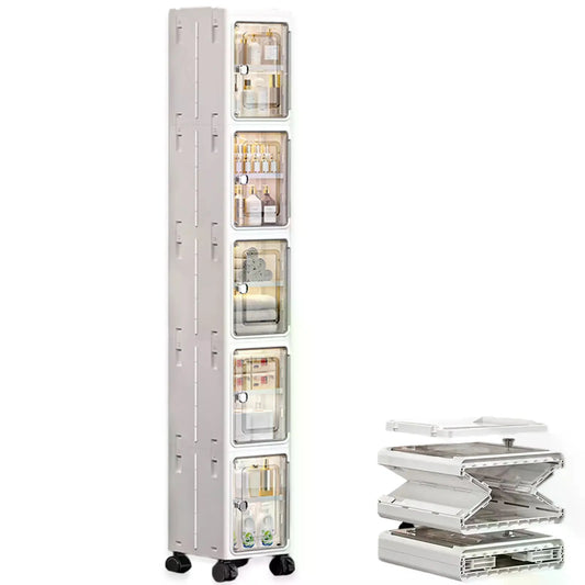 Nifogo Square Modern Collapsible 5-Tier Plastic Storage Bins with Lids - Stackable Organiser with Wheels, Clever Storage, Stacks to Save Room for Living Room, Office (157cm, White)