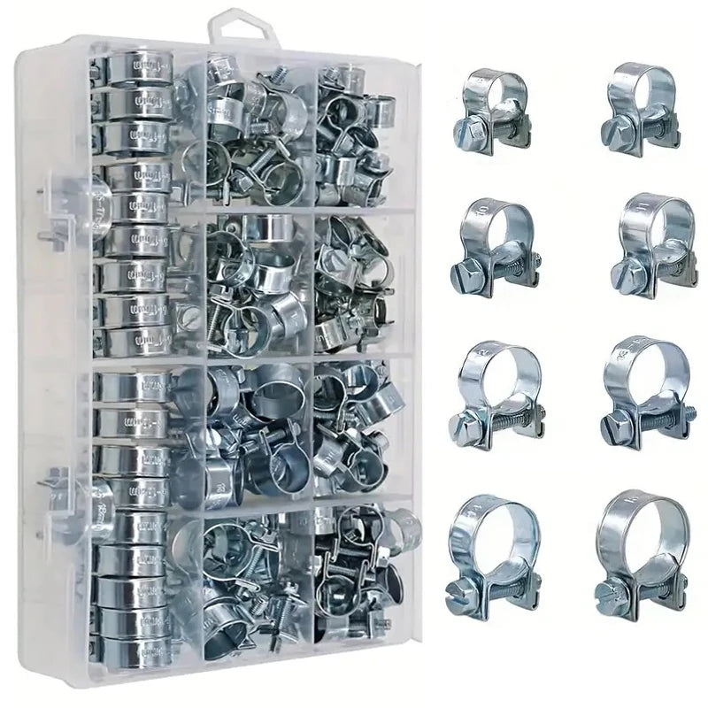 120pcs 7-18mm Mini Clamp Fuel Injection Hose Air Hose Clamps Assortment Kit Diesel Petrol Metal Pipe Clips Assorted Kit
