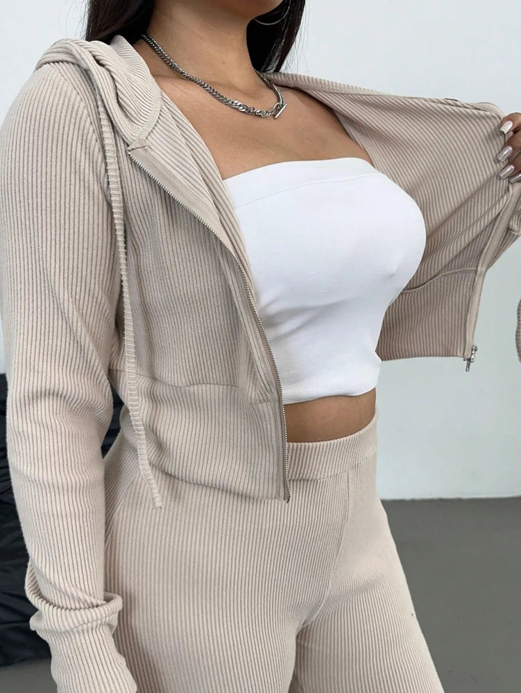 Plus Size Spring Simple Long Sleeve Hooded Top Slim Slim Micro Pants Casual Two Piece Set Casual Commuter
