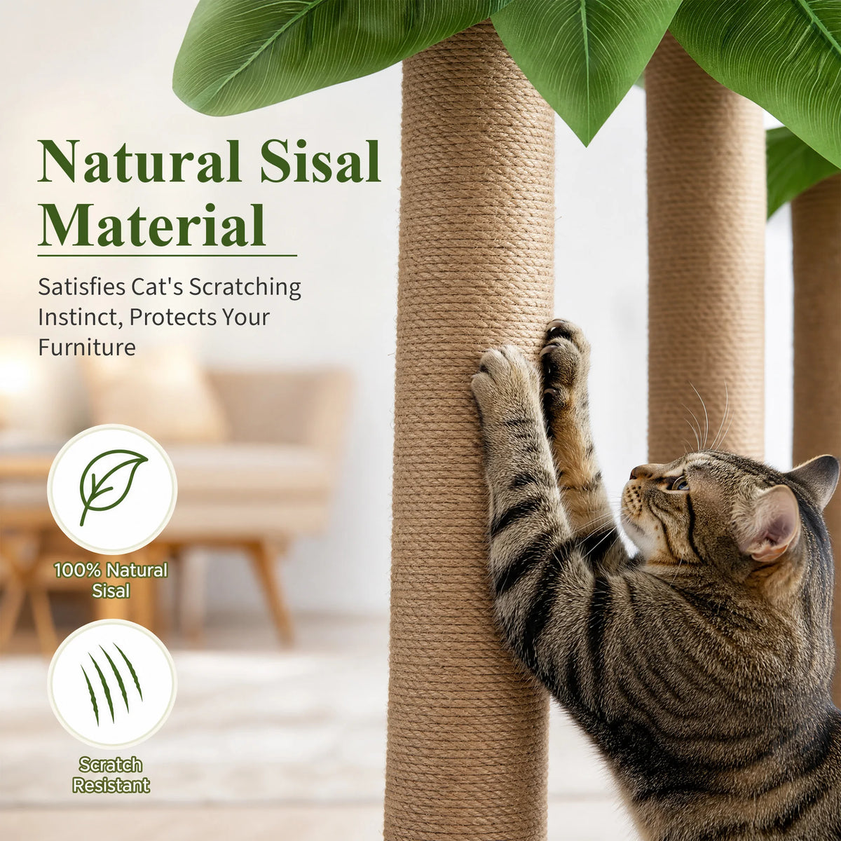 31.5 Exotic Cat Tree Scratching Post With 3 Sisal Poles Canna Leaf Design Weighted Base And Dangling Toy Decorative Indoor Cat Furniture For Kittens And Adult Cats