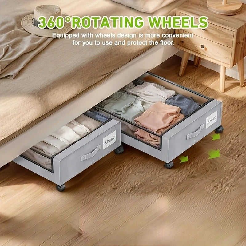2026 Underbed Storage Container With Wheels Lids Space Saving Pull Out Organizer for Clothes Shoes Bedroom Dorm Household Use