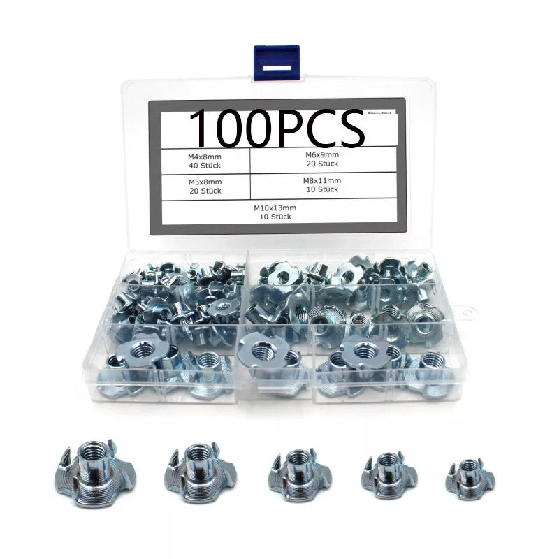 100/210Pcs Galvanized Four-Claw Nuts, Carbon Steel Four-Point Impact Nuts, Suitable For Wooden Furniture Maintenance M4-M10