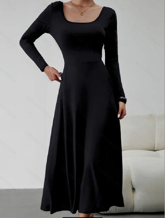 Fashionable Elegant Pure Color Square Neck Slim Long Sleeve Women's Dress Autumn Winter New Style Classy Simple Design