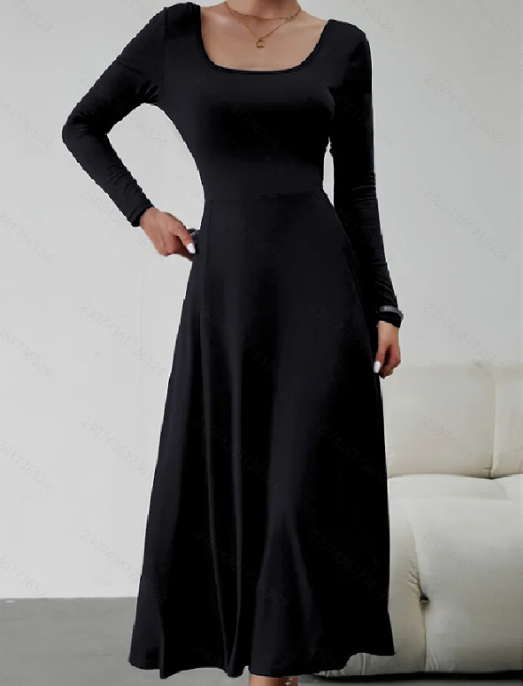 Fashionable Elegant Pure Color Square Neck Slim Long Sleeve Women's Dress Autumn Winter New Style Classy Simple Design