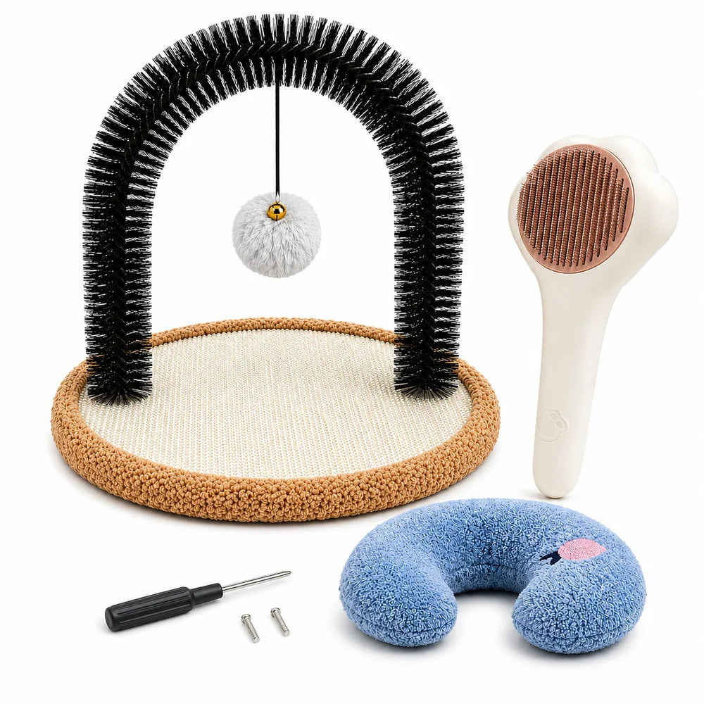 Zoe Cat Self Groomer Arch With Reversible Sisal Scratching Base Hanging Ball Grooming Brush And Plush Cat Pillow Indoor Cat Rubbing Scratching Grooming Play And Rest Station