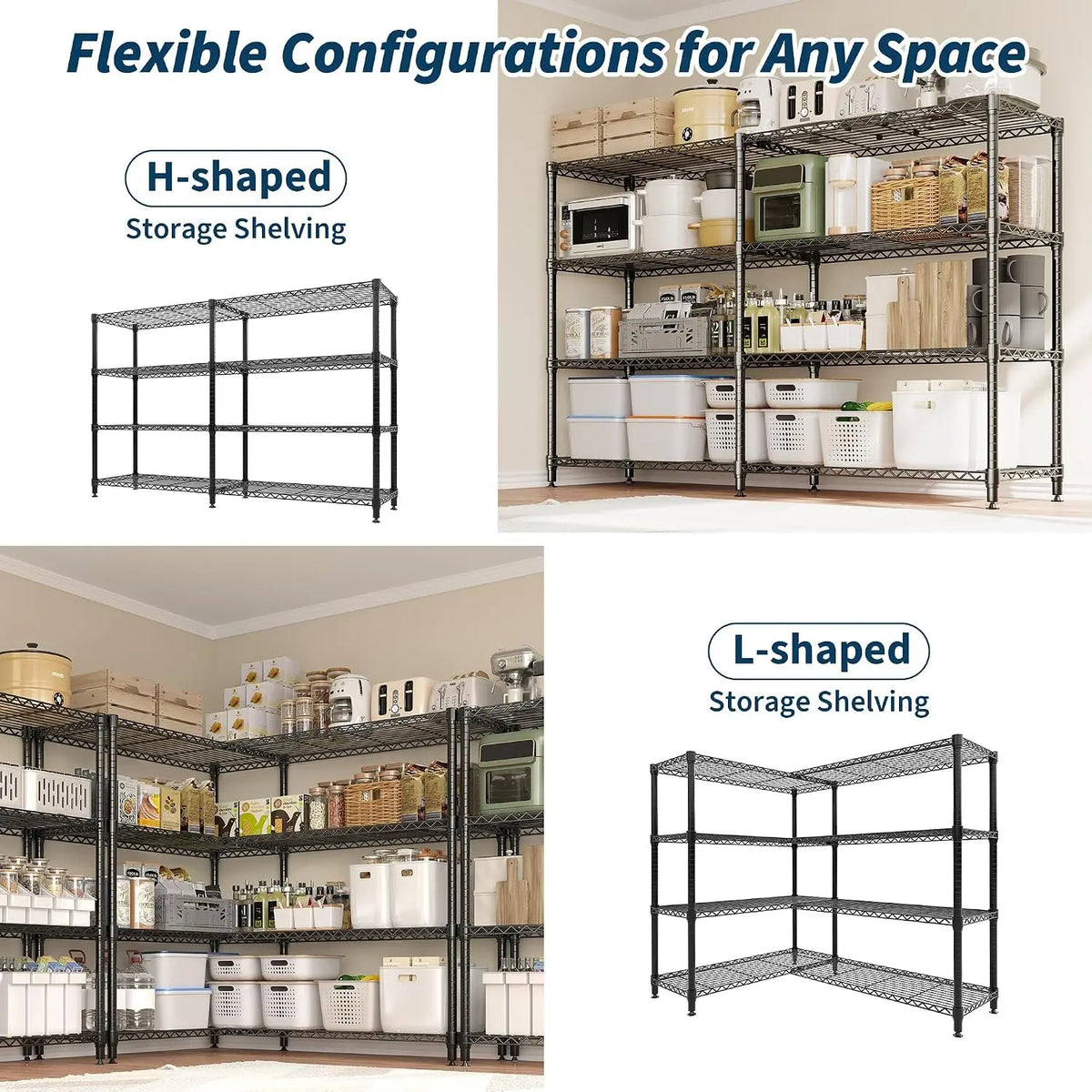4-Tier Heavy Duty Metal Storage Shelving Unit, 70.8"W X 15.8"D X 59.5"H – Adjustable Wire Shelves, Convertible L-Shaped Rack for Kitchen, Pantry, Garage & Commercial Use