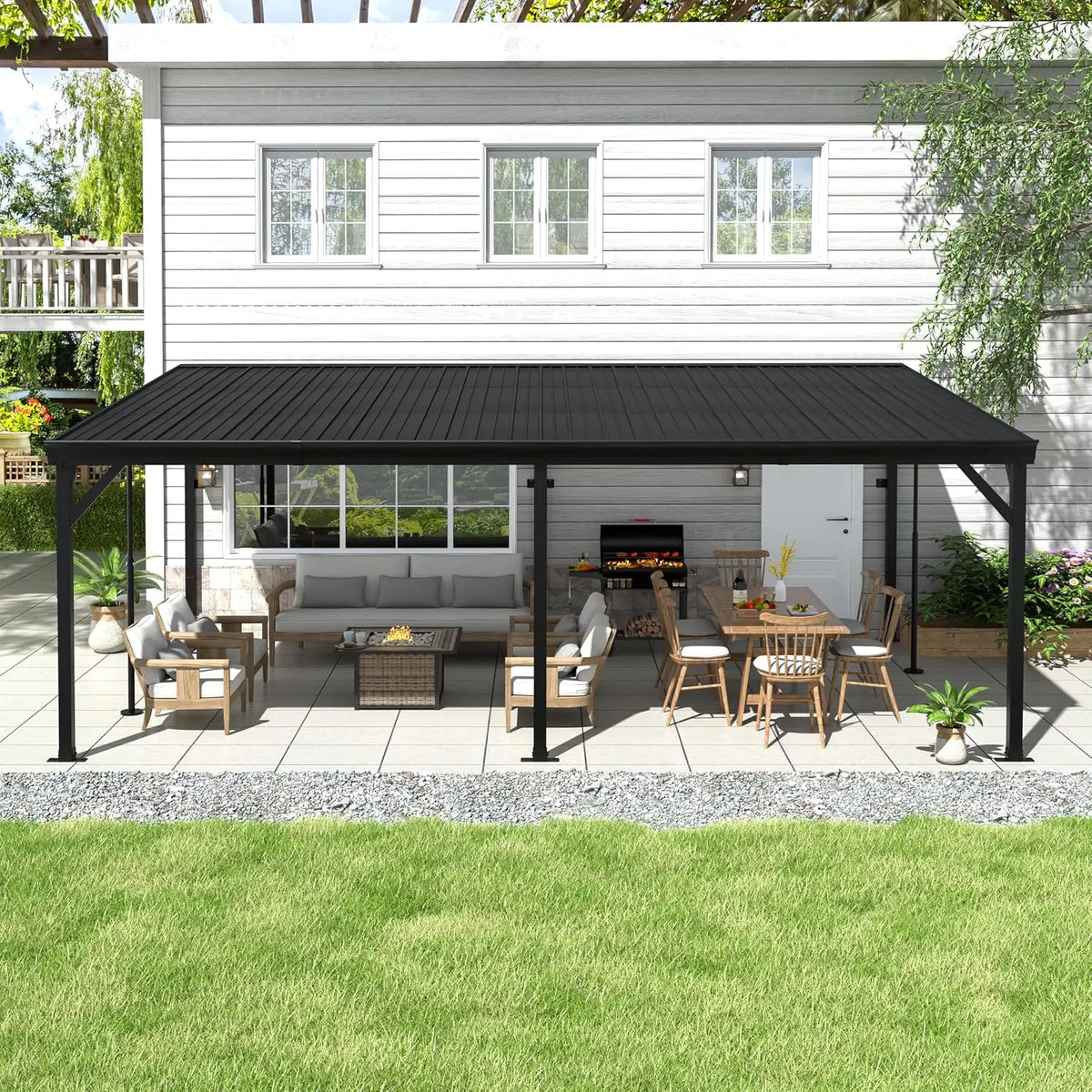 12x20 FT Wall Mounted Gazebo, Hardtop Lean to Gazebo with Aluminum Slope Roof, 3.15"x3.15" Post Outdoor Pergola, Customized