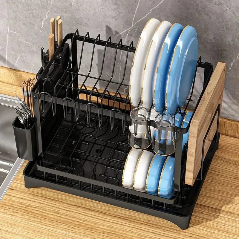 Double‑Layer Large‑Capacity Dish Drain Rack with Water Guide Plate Kitchen Countertop Bowl Cup Tableware Storage Organizer