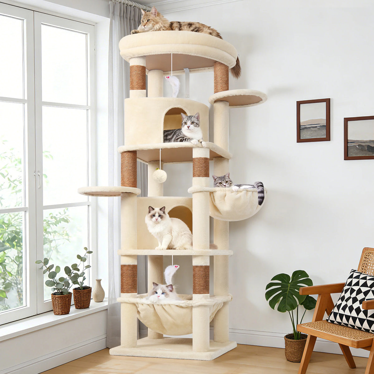 Globlazer 68" Cat Tree Tower for Indoor Cats, Aesthetic Multi-Level Cat Climbing Activity Center with 2 Condos, 2 Hammocks, Sisal Scratching Posts for 2-3 Medium Large Cats