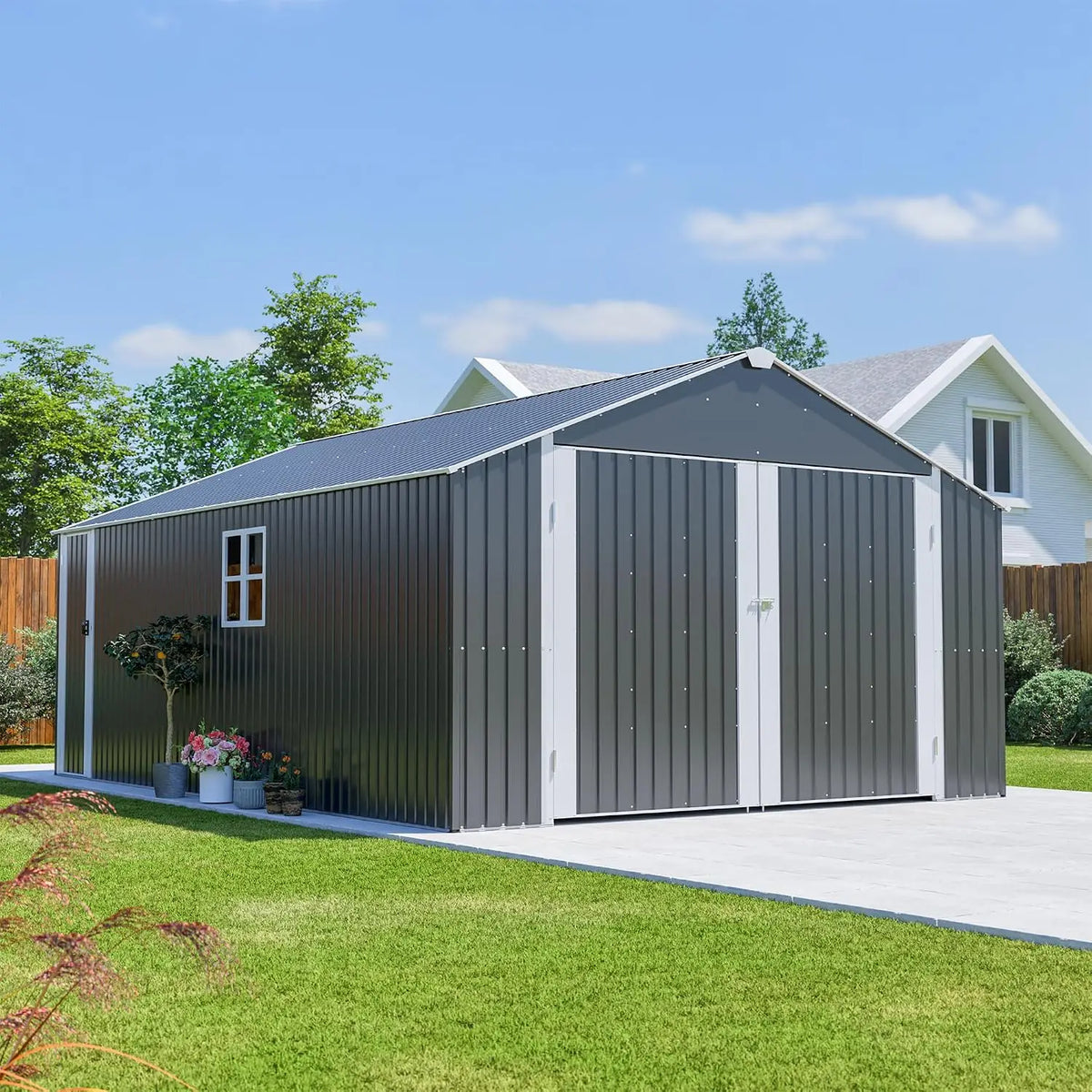 12x20 FT Outdoor Storage Shed, Large Metal Garage Shed, Spacious Vehicle Equipment Storage, Reinforced Double Hinged, Custom