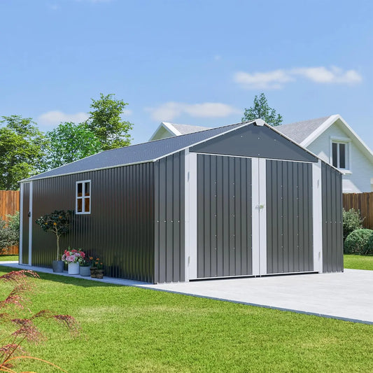 12x20 FT Outdoor Storage Shed, Large Metal Garage Shed, Spacious Vehicle Equipment Storage, Reinforced Double Hinged, Custom