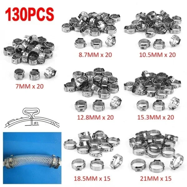 130pcs Single Ear Stepless Hose Clamps 5.8-21mm 304 Stainless Steel Hose Clamps Cinch Clamp Rings or 1PC Hose Clip Clamp Pliers
