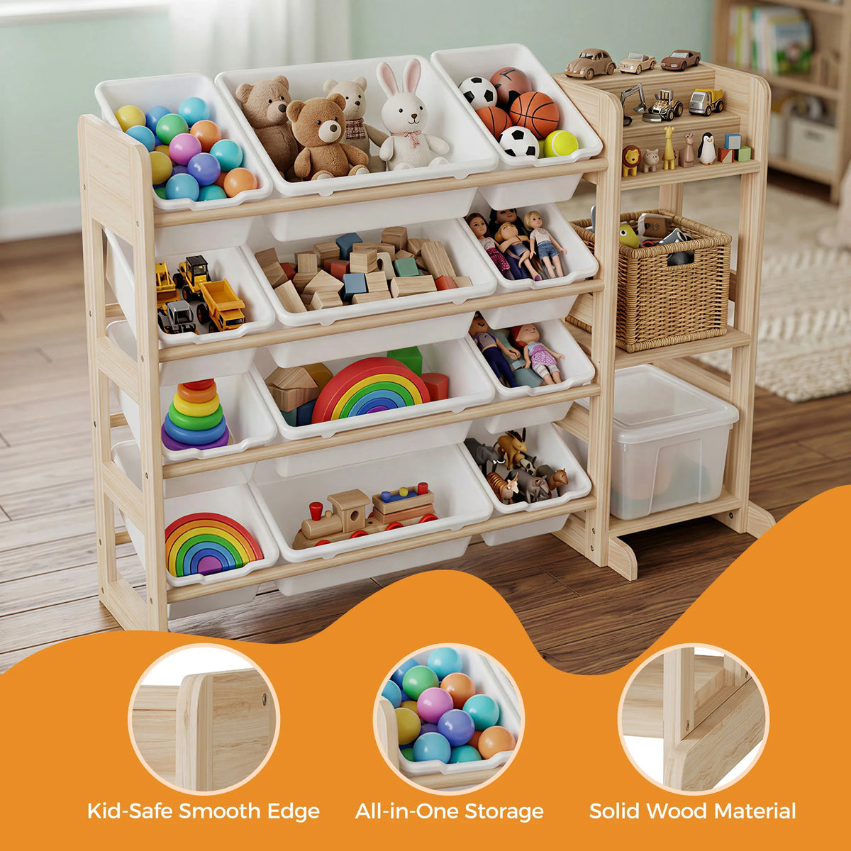 Solid Wood Kids Toy Memory Organizer Cabinet – 12 Bins & 3 Open Shelves – Wide Bookshelf Unit for Playroom, Nursery, Bedroom – 42" Wide