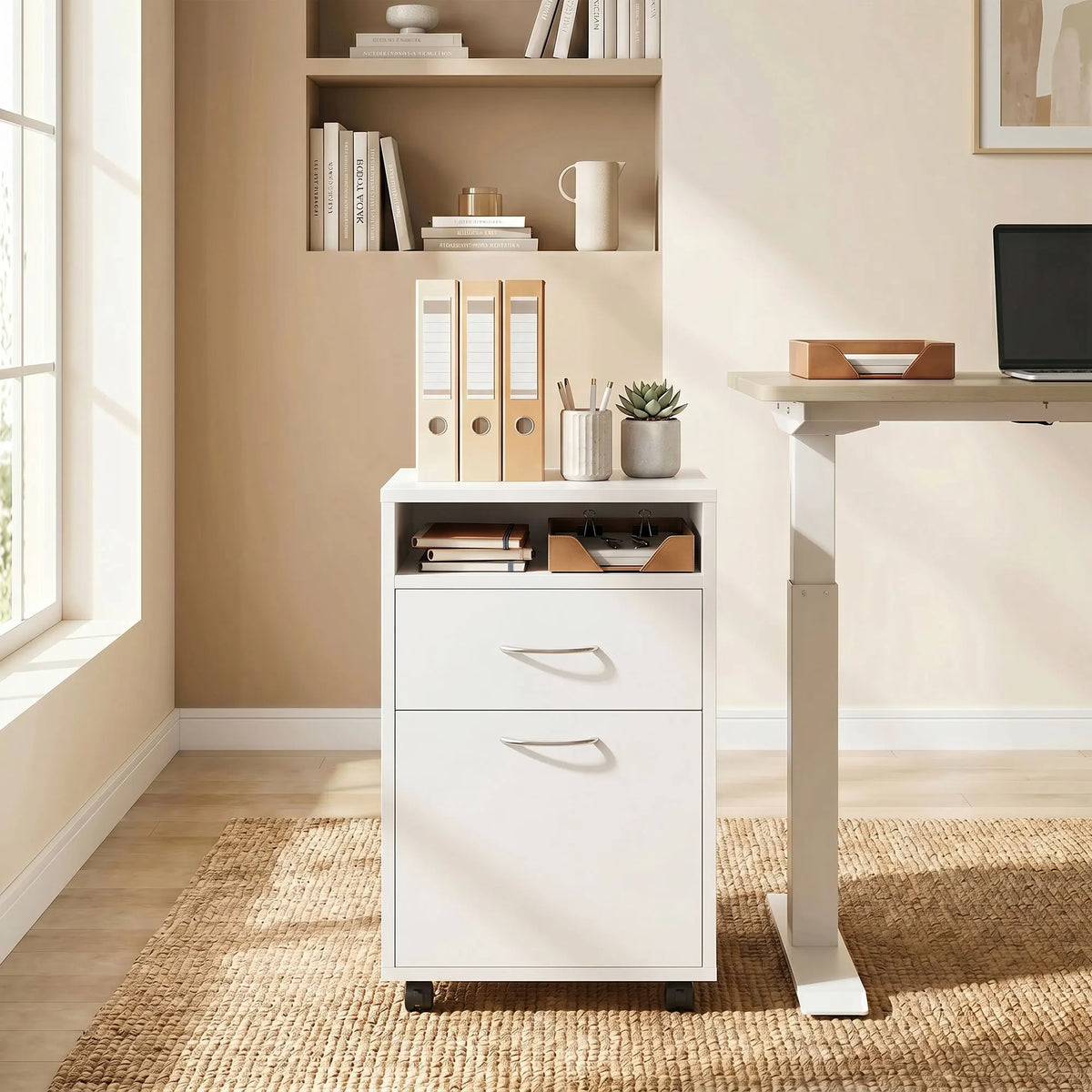 HOMCOM Mobile Storage Cabinet Organizer with Drawer and Cabinet, Printer Stand with Castors, White