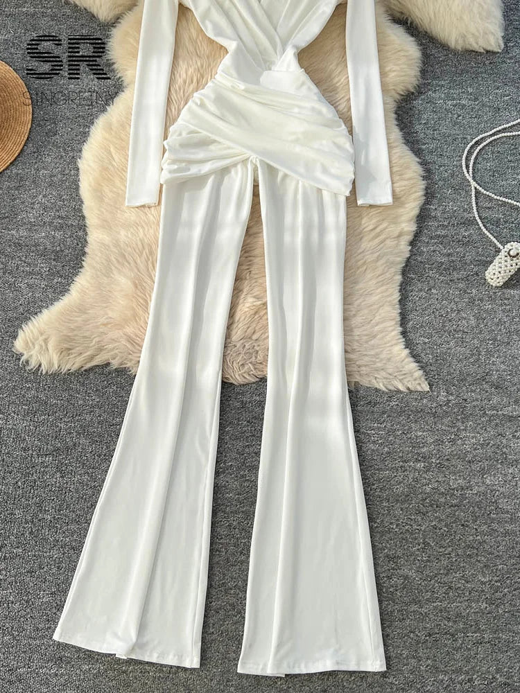 SINGREINY Minimalist Office Lady Jumpsuits Women Deep V Neck Slim Pleated High Waist American Fashion Glamorous Wide Leg Rompers