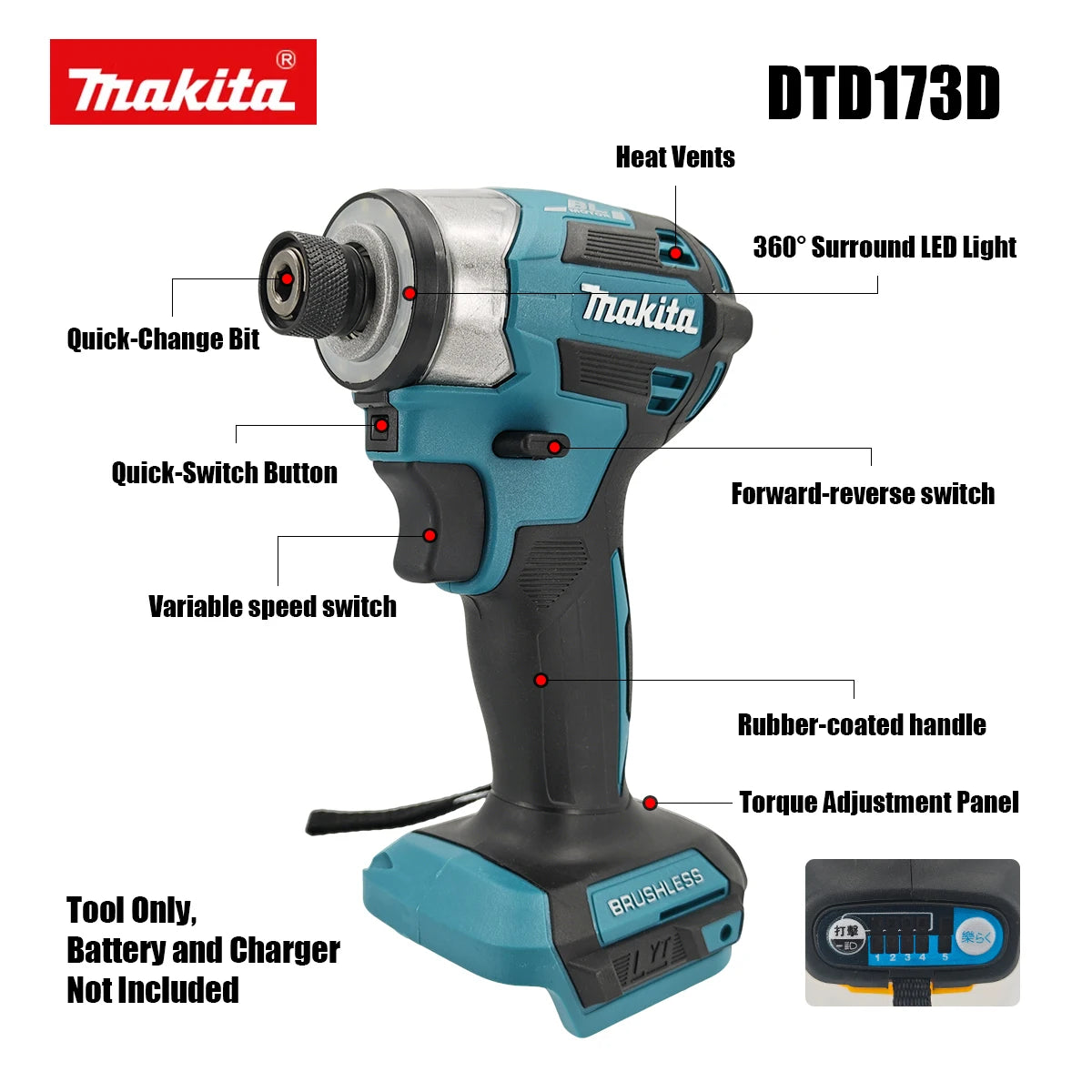 Makita DTD173 1800RPM 180Nm Cordless Impact Driver 180Nm Brushless Motor Electric Drill Wood Bolt T Mode For Makita Battery