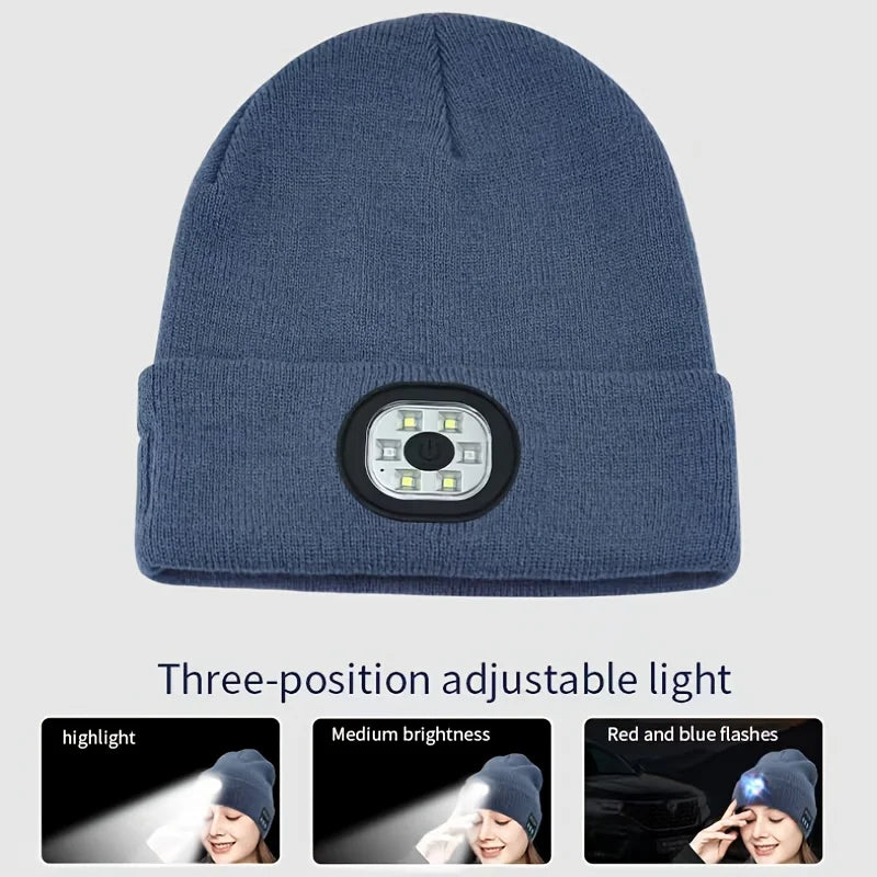 Unisex LED-Lit Knit Beanie USB-Rechargeable 4-Light LED Headlamp Winter Cap with Flashlight Function for Nighttime Activities like Walking Running Cycling Hiking Camping