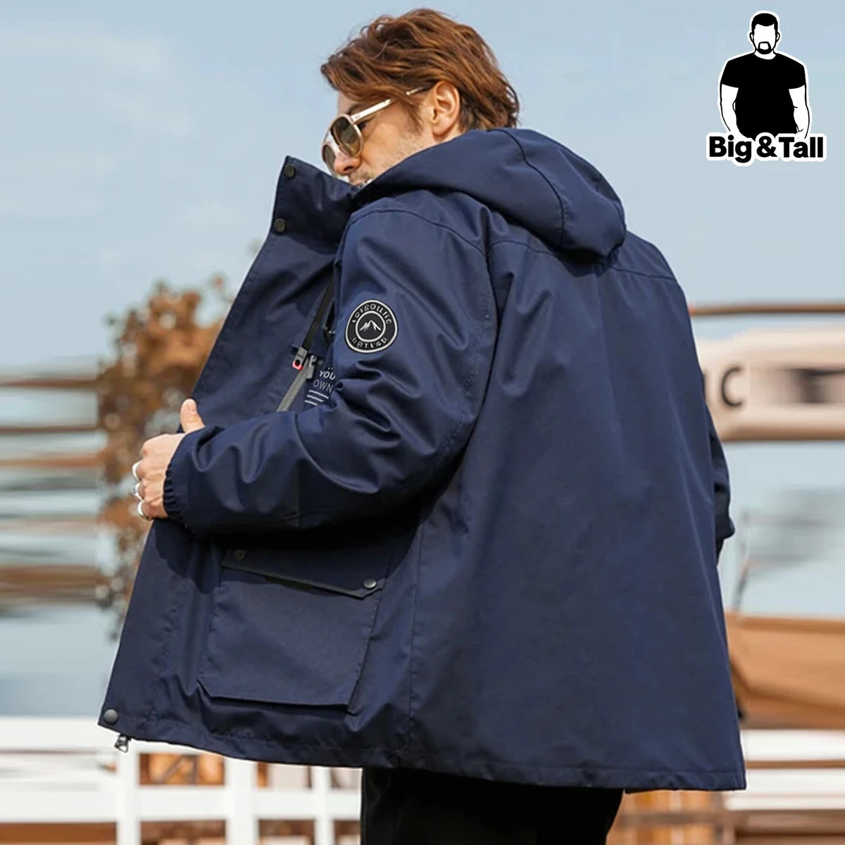 Men's Plus Size Multi-Pocket Hooded Drawstring Windbreaker Jacket, Sports Casual Outdoor Workwear Loose Jacket Hiking Clothes