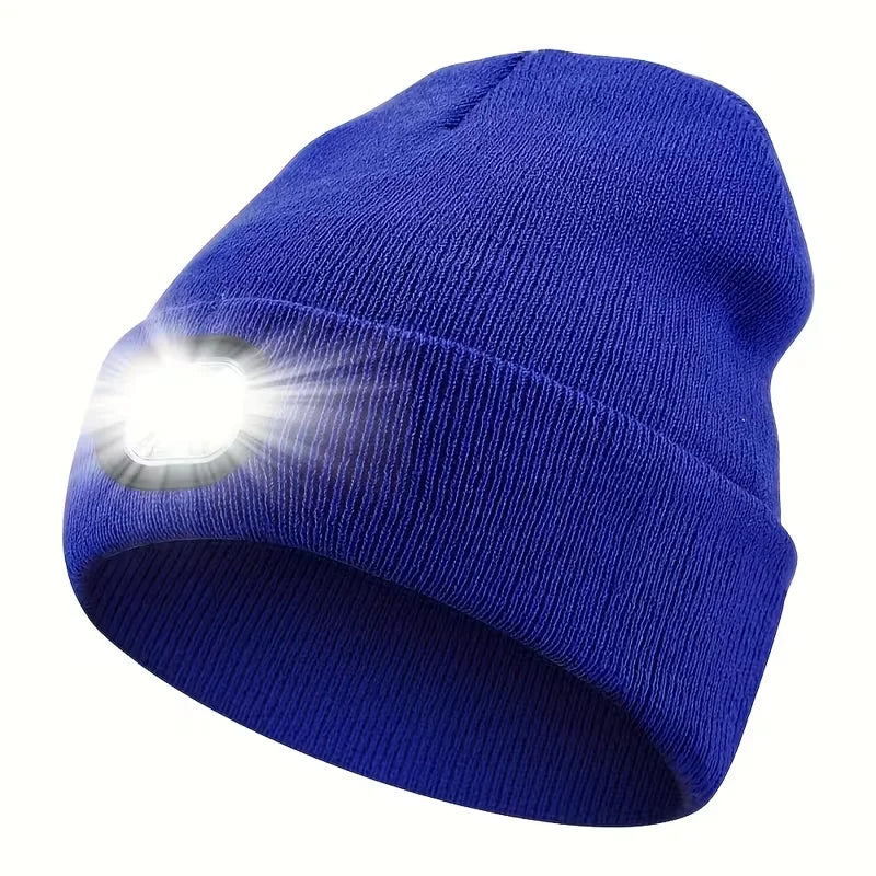 Unisex LED-Lit Knit Beanie USB-Rechargeable 4-Light LED Headlamp Winter Cap with Flashlight Function for Nighttime Activities like Walking Running Cycling Hiking Camping