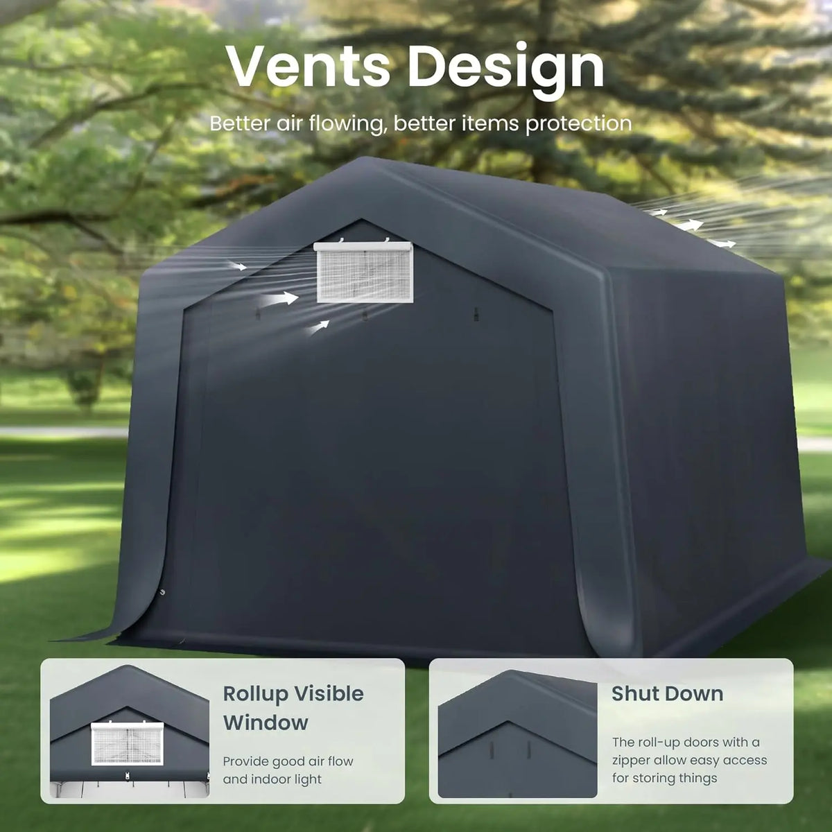 10X15ft Carport, Portable Carports Outdoor Storage Shelter Shed Garage Canopy with Roll up Zipper Doors & Vents, Custom