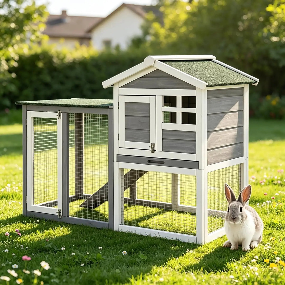 Garvee 48" 2‑Story Wooden Bunny Hutch Indoor 2-Tier With 3 Removable Trays Rabbit Cage Waterproof Roof Bunny House Outdoor Coop For Pig Small Animal Outdoor