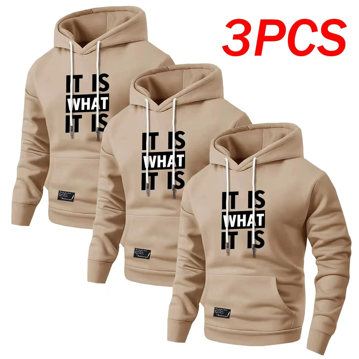 3-Piece Men's Hooded Sweatshirt, Loose Fitting Autumn and Winter Letter Printed Pullover with Outerwear, Casual and Sporty Minimalist Top, Suitable for Activities Such as Home, Outdoor Sports, Hiking, Travel, Vacation, Etc