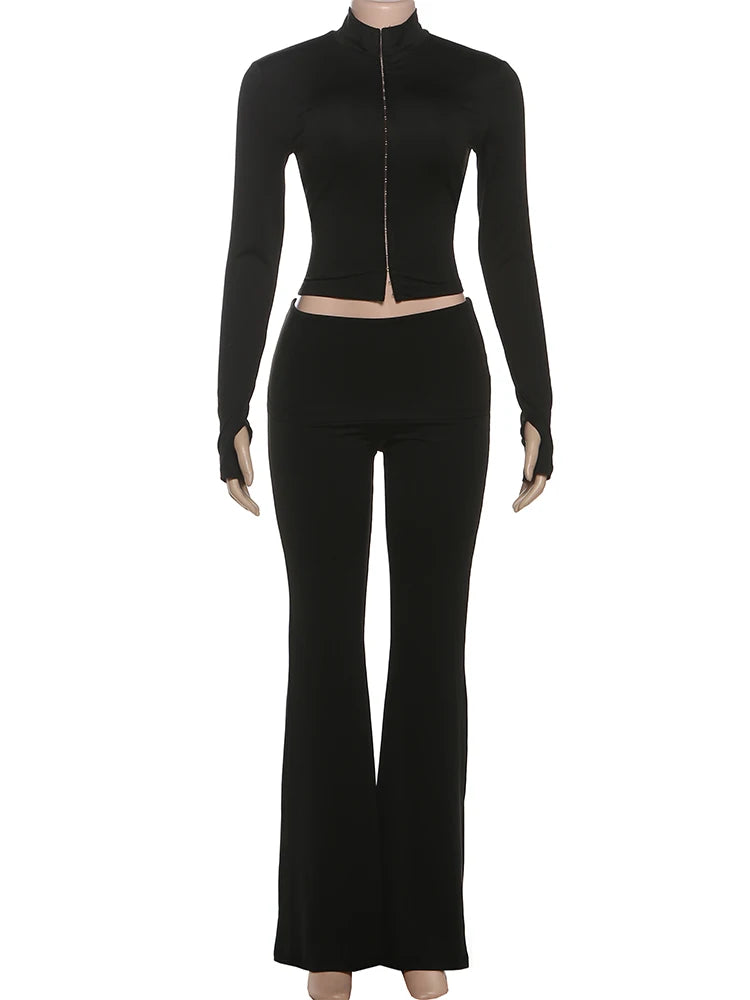 Sisterlinda Sporty Turtleneck 2-Piece Set WomenCasual Single-breasted hidden buttons crop tops+Elastic waist Flared pants suits