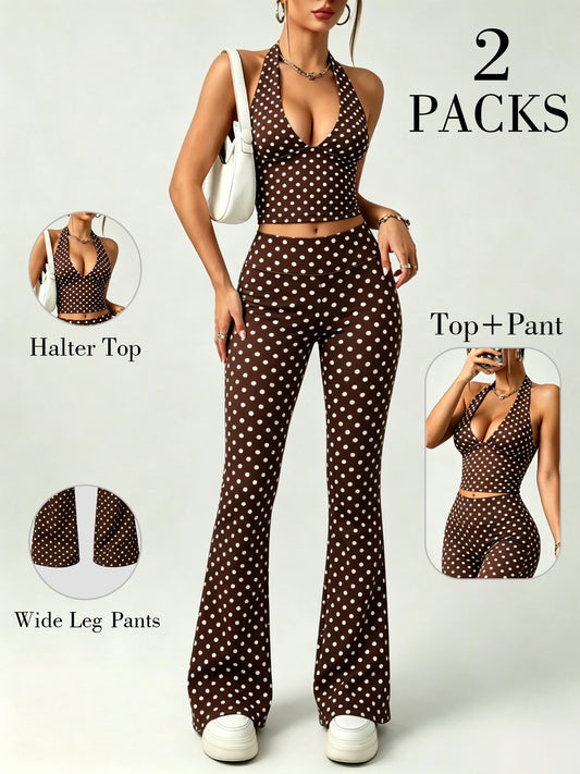 2Packs Women Y2K Polka Dot Matching Set Halter V Neck Crop Top High Waist Flare Pants Lounge Party Outfit
