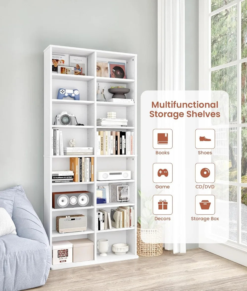 16-Shelf DVD Tower Storage Rack, Adjustable Media Shelves, 8-Tier Stand for Home Office