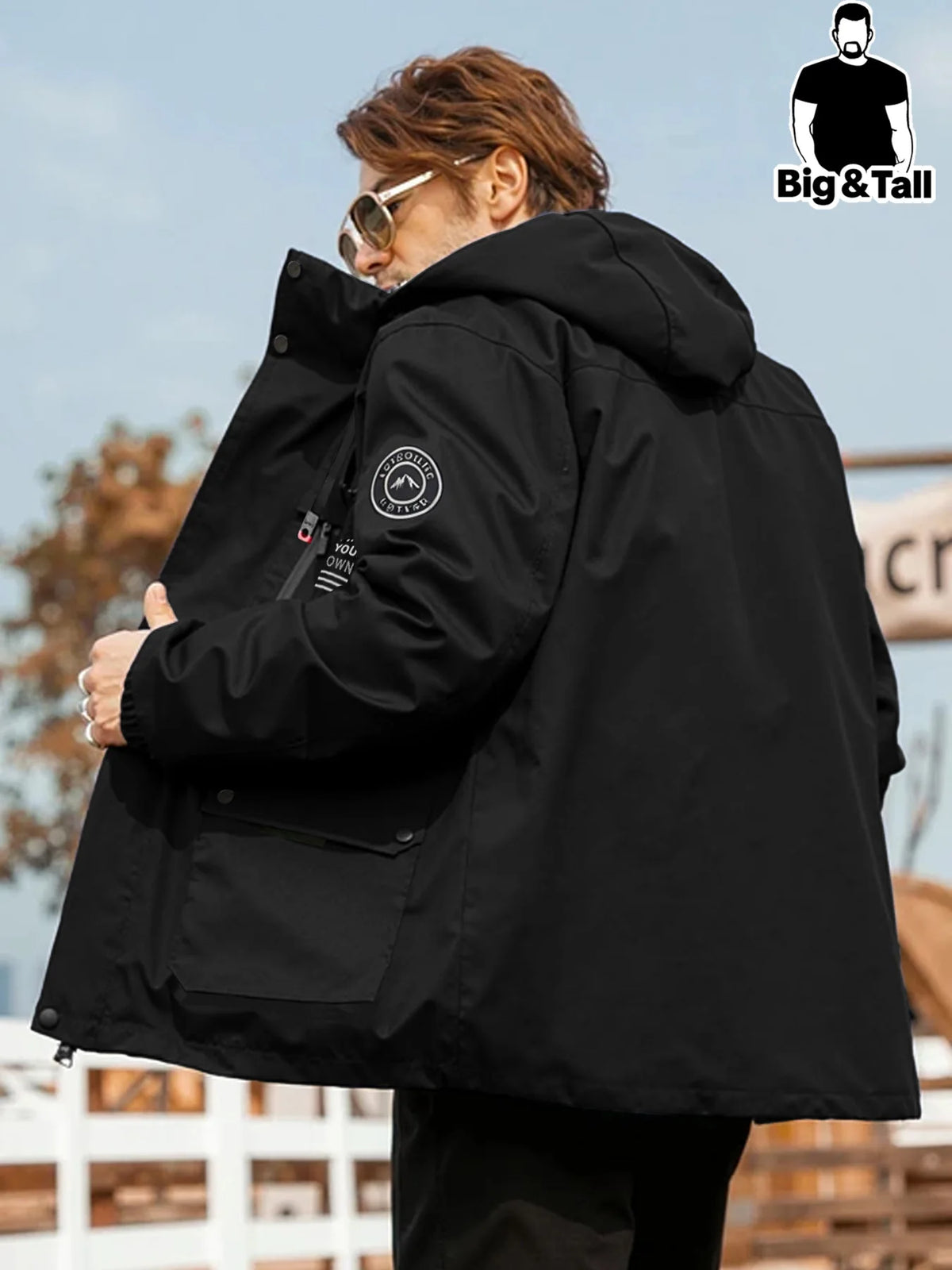 Men's Plus Size Multi-Pocket Hooded Drawstring Windbreaker Jacket, Sports Casual Outdoor Workwear Loose Jacket Hiking Clothes