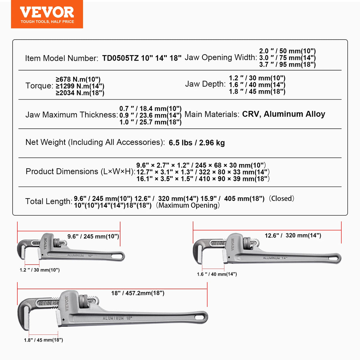 SucceBuy Pipe Wrench Aluminum Straight Pipe Wrench Adjustable Plumbing Wrench High Strength Jaw & Ergonomic Handle Automotive