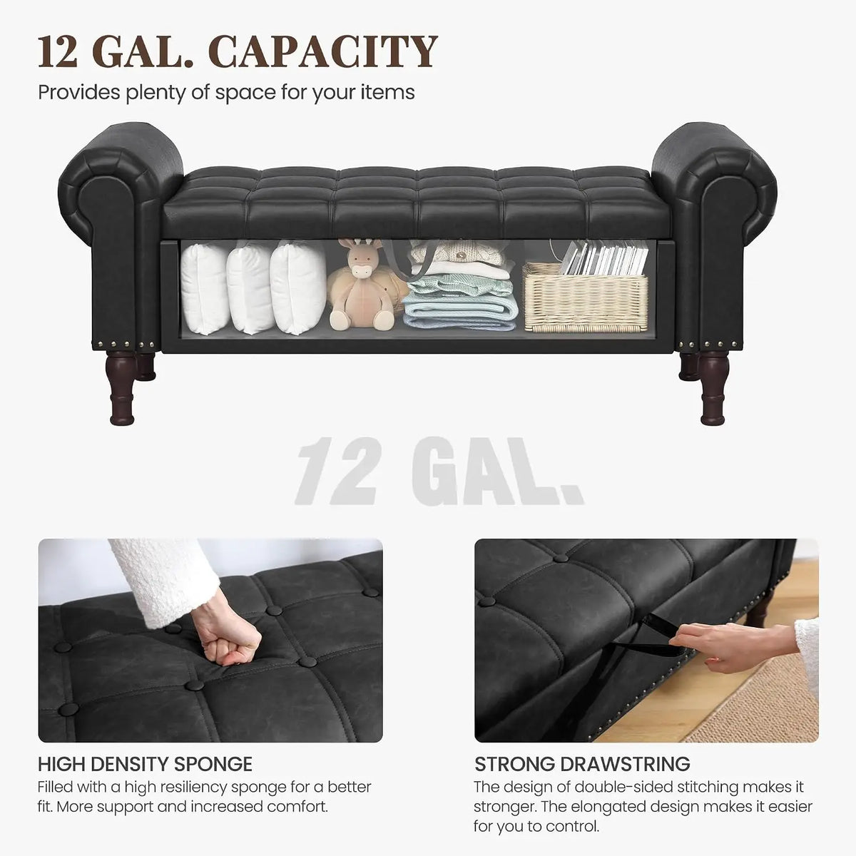 YOUDENOVA 51” Ottoman with Storage, Upholstered Storage Ottoman Bench with Rolled Arms, PU Leather Storage Bench for Bedroom, Li