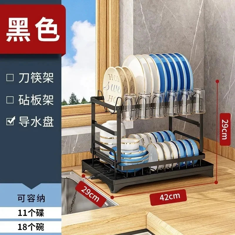 Double‑Layer Large‑Capacity Dish Drain Rack with Water Guide Plate Kitchen Countertop Bowl Cup Tableware Storage Organizer