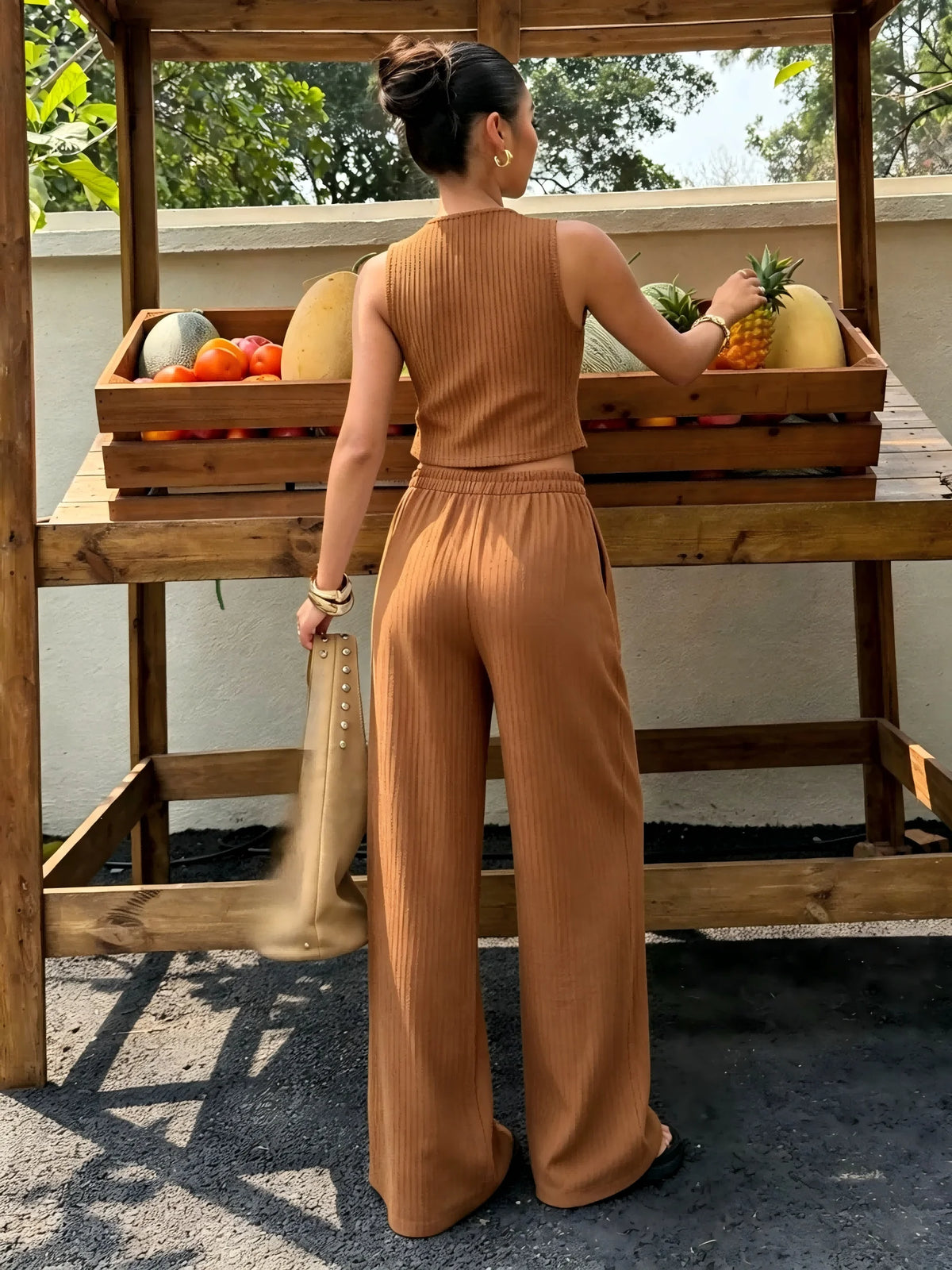 Women Ribbed Knit Co‑ord Set V‑Neck Crop Vest & Drawstring Wide Leg Pants Casual Two‑Piece Outfit
